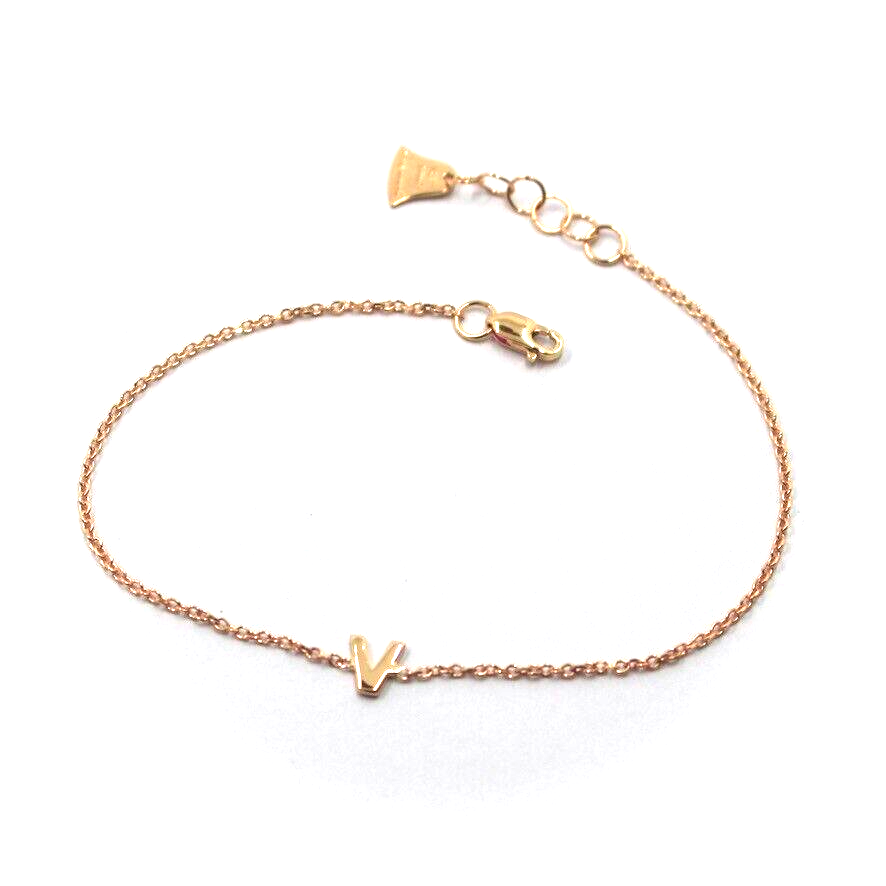 18k rose gold rolo thin bracelet with central small 5mm letter initial V.