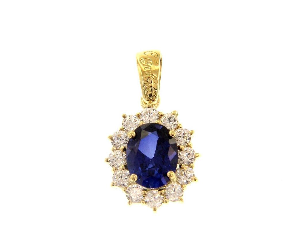 18K YELLOW GOLD FLOWER PENDANT BIG OVAL BLUE 9x7mm CRYSTAL CUBIC ZIRCONIA FRAME.