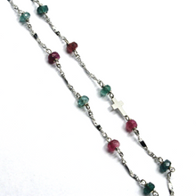 Load image into Gallery viewer, 18K WHITE GOLD 18.5&quot; NECKLACE CROSS, RED GREEN TOURMALINE SPIRAL SINGAPORE CHAIN.
