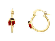 Load image into Gallery viewer, 18k yellow gold hoops circle 16mm earrings with small puffed 5mm enamel ladybug.
