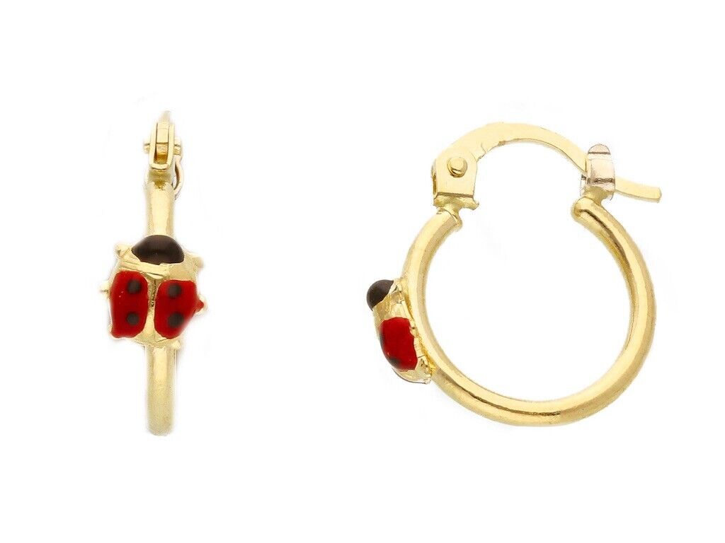 18k yellow gold hoops circle 16mm earrings with small puffed 5mm enamel ladybug.