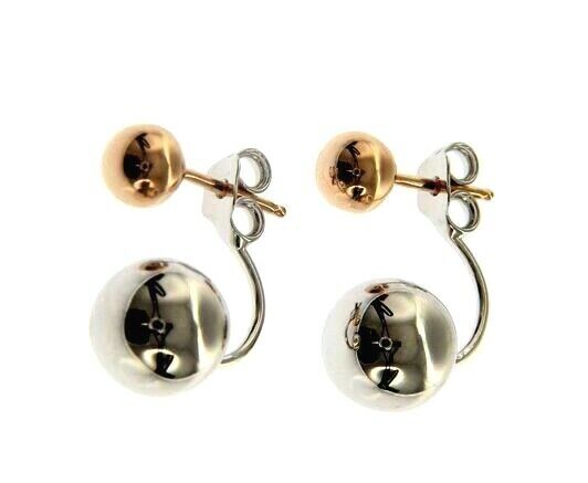 18k white rose gold pendant earrings double sphere 6-10mm, shiny, smooth