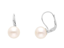 Load image into Gallery viewer, 18k white gold pendant leverback earrings with 8.5/9mm freshwater white pearls.
