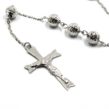 Load image into Gallery viewer, 18k white gold rosary necklace miraculous medal Jesus cross, diamond cut spheres.
