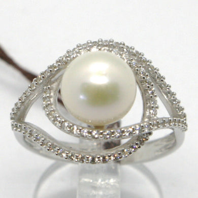 18k white gold band pearl zirconia ring ondulate, wave, double.