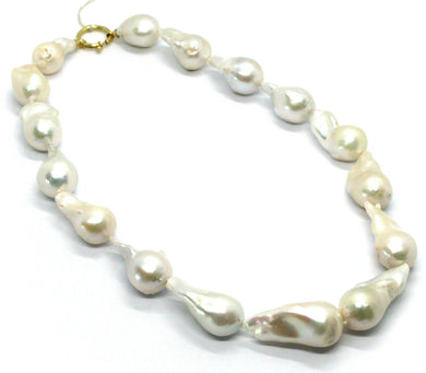 18k yellow gold big 25/30 mm oval baroque white pearls necklace, 45cm 18