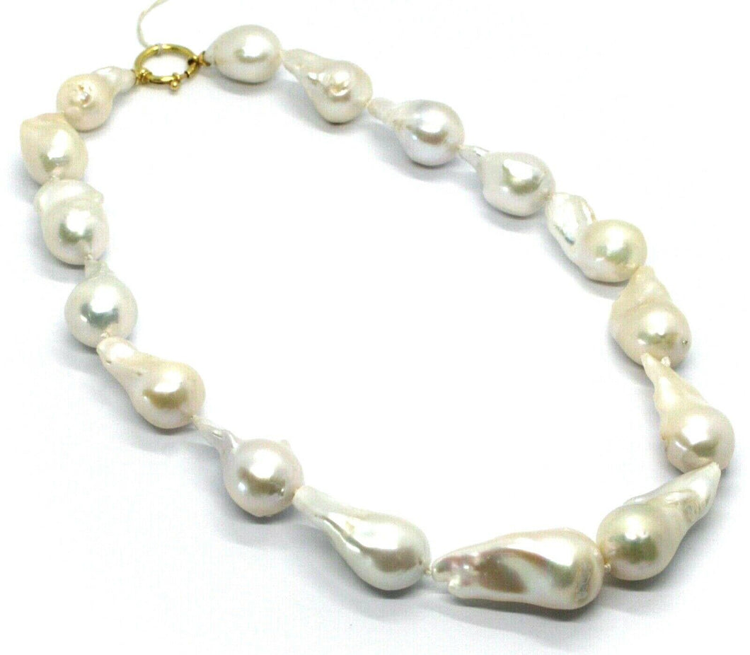 18K YELLOW GOLD BIG 25/30 mm OVAL BAROQUE WHITE PEARLS NECKLACE, 45cm 18