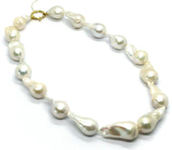 18k yellow gold big 25/30 mm oval baroque white pearls necklace, 45cm 18