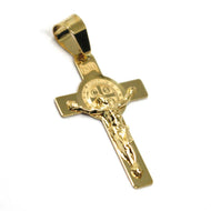 SOLID 18K YELLOW GOLD FLAT CROSS WITH JESUS & SAINT BENEDICT MEDAL, 24 mm.