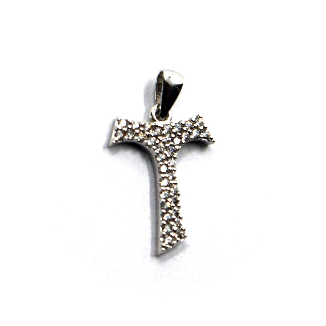 18k white gold squared zirconia 17mm cross, Franciscan tau tao Saint Francis.