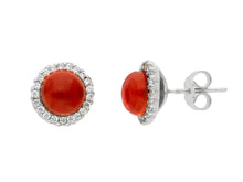 Load image into Gallery viewer, 18K WHITE GOLD CABOCHON RED CORAL BUTTON EARRINGS, 12mm CUBIC ZIRCONIA FRAME.
