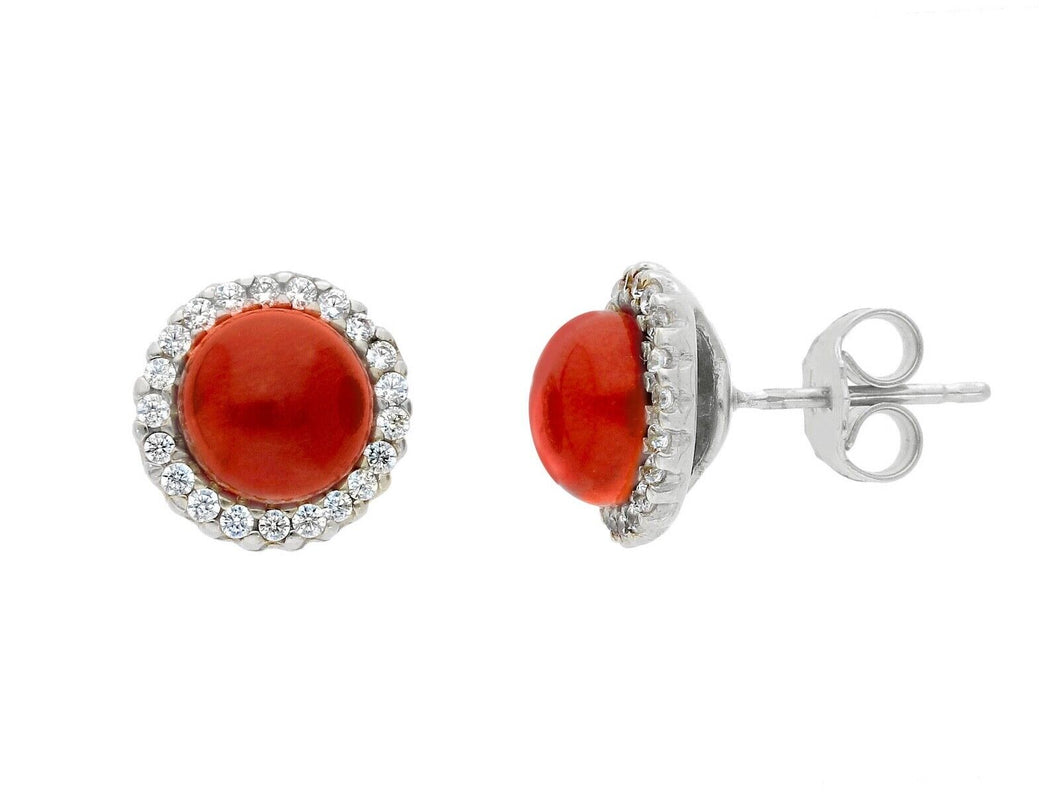 18K WHITE GOLD CABOCHON RED CORAL BUTTON EARRINGS, 12mm CUBIC ZIRCONIA FRAME.
