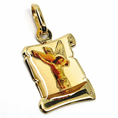 18K YELLOW PARCHMENT GOLD MEDAL 18 mm, JESUS CHRIST, CROSS, VERY DETAILED ENAMEL.
