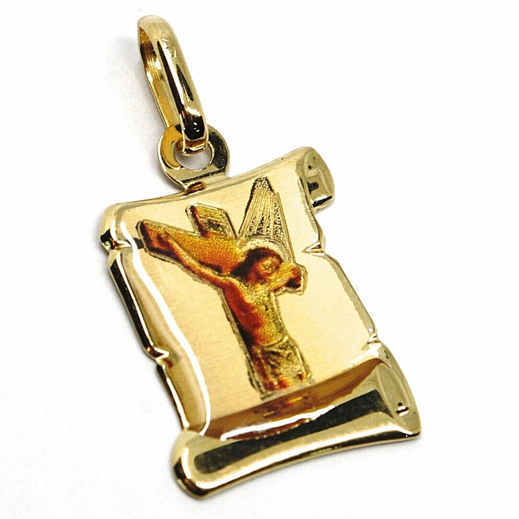 18K YELLOW PARCHMENT GOLD MEDAL 18 mm, JESUS CHRIST, CROSS, VERY DETAILED ENAMEL.