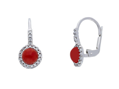 18K WHITE GOLD CABOCHON RED CORAL 20mm PENDANT EARRINGS, CUBIC ZIRCONIA FRAME.