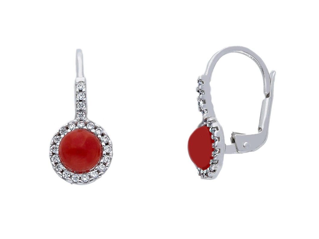 18K WHITE GOLD CABOCHON RED CORAL 20mm PENDANT EARRINGS, CUBIC ZIRCONIA FRAME