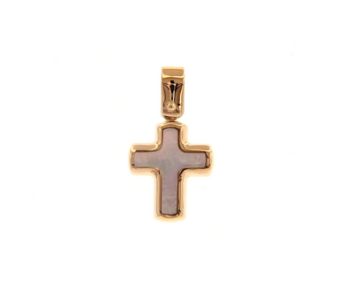 18k rose gold small 13mm rounded stylized cross with mother of pearl pendant.