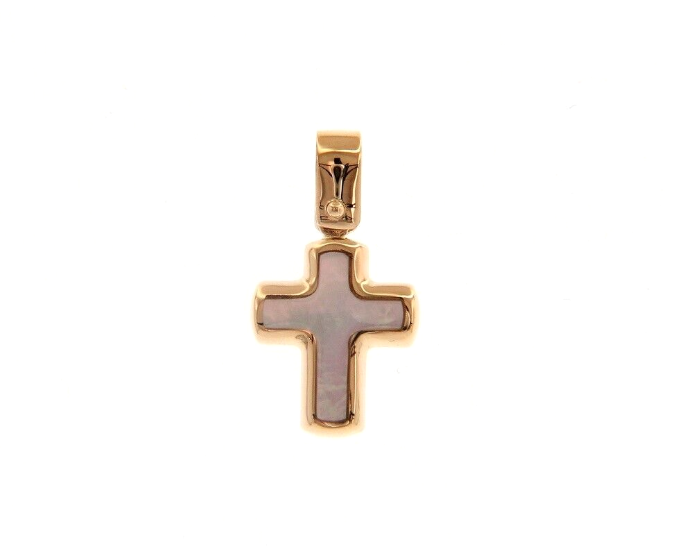 18k rose gold small 13mm rounded stylized cross with mother of pearl pendant.