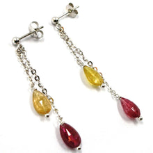 Load image into Gallery viewer, 18k white gold pendant earrings, yellow and purple drop tourmaline, two wires.
