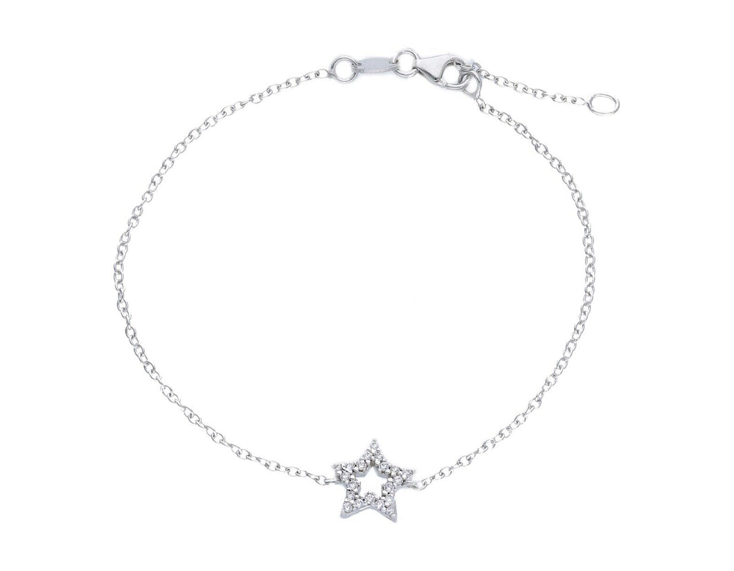 18K WHITE GOLD BRACELET, ROLO 1mm CHAIN , CENTRAL CUBIC ZIRCONIA STAR, 7.1