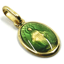 Load image into Gallery viewer, solid 18k yellow oval gold medal, Virgin Mary 13mm, miraculous, green enamel pendant
