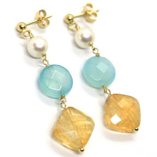 Load image into Gallery viewer, 18k yellow gold pendant earrings, pearl, blue jade and citrine, 1.77 inches.
