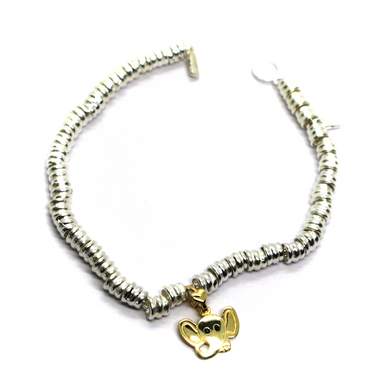 925 STERLING SILVER CIRCLES BRACELET, 9K YELLOW GOLD 12mm PUPPY ELEPHANT PENDANT.