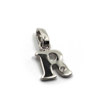 Load image into Gallery viewer, 18k white gold pendant charm small initial letter R, 10mm, 0.4&quot;, with diamond.
