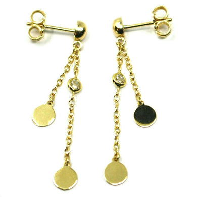 18K YELLOW GOLD PENDANT EARRINGS, DOUBLE WIRES WITH DISCS & ZIRCONIA 1.5 INCHES.