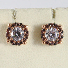 Load image into Gallery viewer, 18k rose pink gold earrings with zirconia, brown and white.
