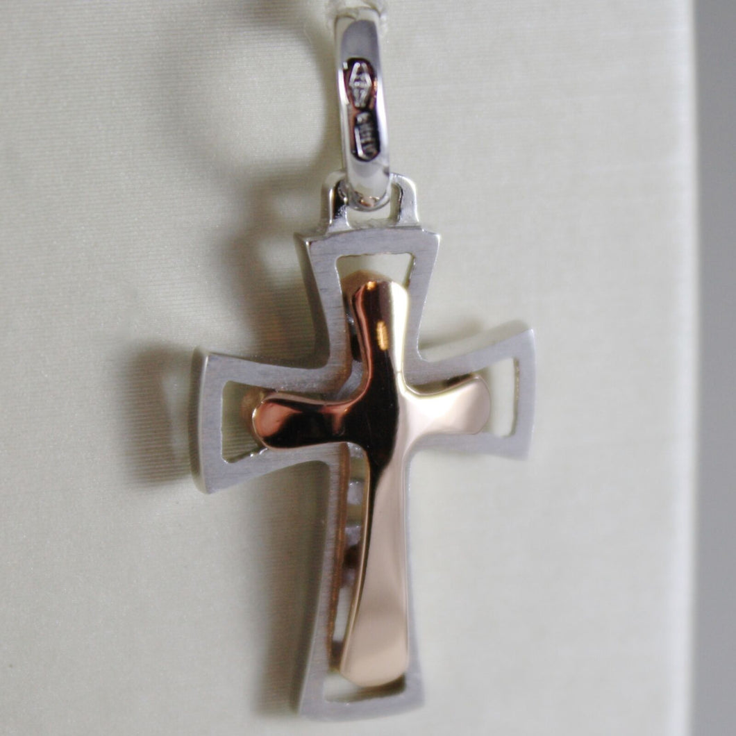 18k rose white gold cross, shiny bright and satin, 1.06 inches, made in Italy.