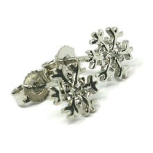 Load image into Gallery viewer, SOLID 18K WHITE GOLD EARRINGS FLAT SNOWFLAKE, SHINY, SMOOTH, 9 MM CUBIC ZIRCONIA.
