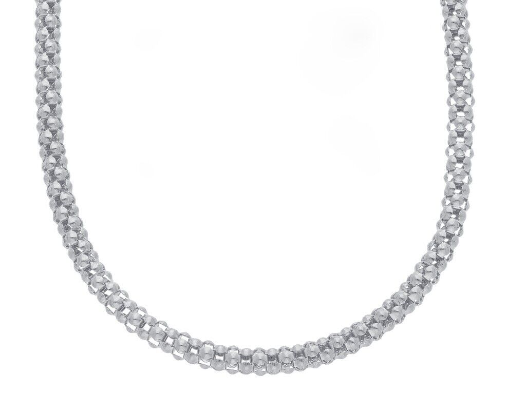 18k white gold basket rounded 4mm tubular basket popcorn chain necklace, 18