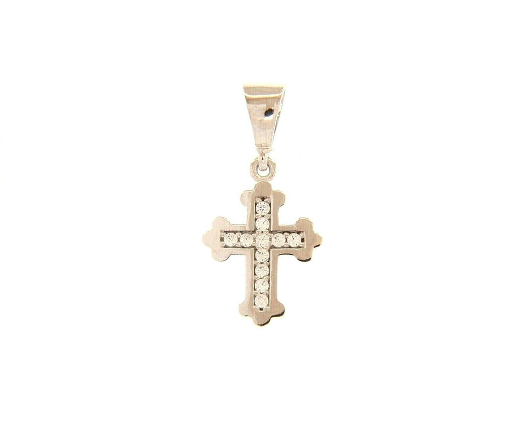 18K WHITE GOLD SMALL 10mm TRILOBED CROSS WITH WHITE ROUND CUBIC ZIRCONIA