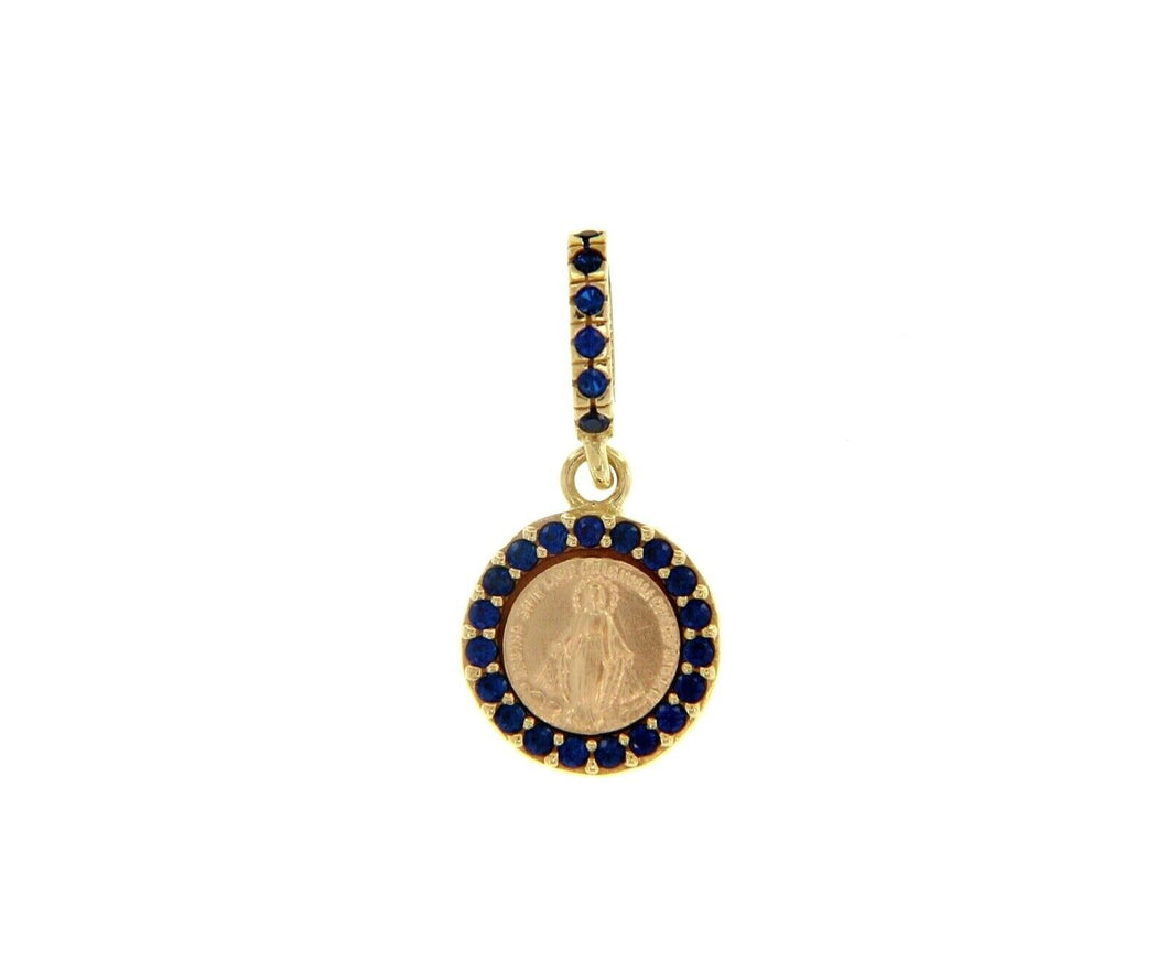 solid 18k yellow round gold medal, Virgin Mary 10mm, miraculous with blue zirconia pendant.