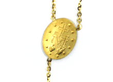 Load image into Gallery viewer, 18k yellow gold rosary necklace miraculous medal Jesus Cross diamond cut spheres.
