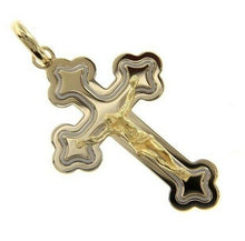 Load image into Gallery viewer, 18K YELLOW WHITE GOLD BIG JESUS CROSS 4cm 1.57&quot;, TRILOBE, SOLID, ITALY MADE.
