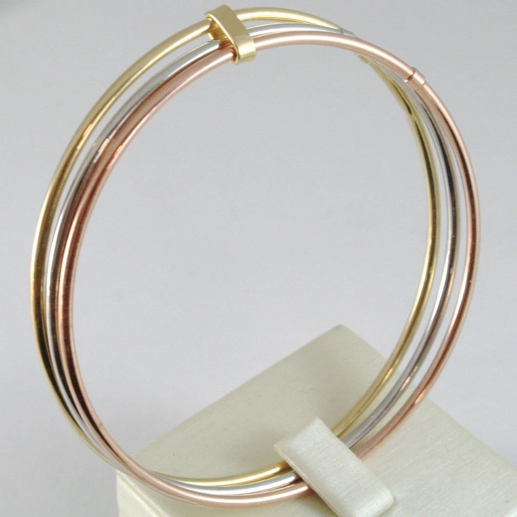 TRIPLE 18K ROSE YELLOW WHITE GOLD BANGLE RIGID BRACELET, SMOOTH, MADE IN ITALY.