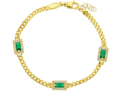 18K YELLOW GOLD BRACELET, GOURMETTE CUBAN CURB LINK 3.2mm, SQUARE GREEN ZIRCONIA.