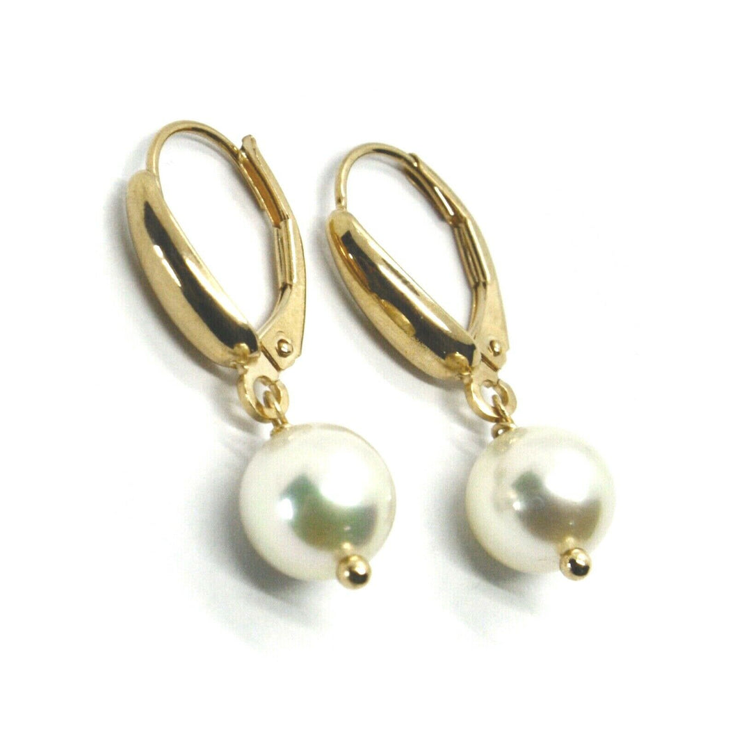 solid 18k yellow gold pendant leverback earrings, akoya pearls diameter 7.5/8 mm