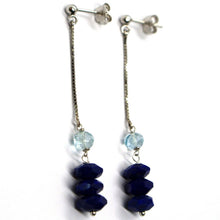 Load image into Gallery viewer, 18k white gold pendant earrings, lapis lazuli, aquamarine, 2.3 inches length
