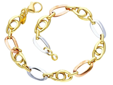 18K YELLOW WHITE ROSE GOLD BRACELET ALTERNATE 7mm OVALS RHOMBUS, 20cm, 7.9