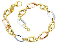 18K YELLOW WHITE ROSE GOLD BRACELET ALTERNATE 7mm OVALS RHOMBUS, 20cm, 7.9