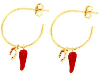 18K YELLOW GOLD HOOPS 20mm EARRINGS WITH 10mm RED ENAMEL HORN CORNICELLO AND HORSESHOE.