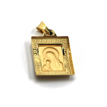 Load image into Gallery viewer, 18k yellow gold square 15mm medal pendant with frame, Virgin Mary Jesus Christ.
