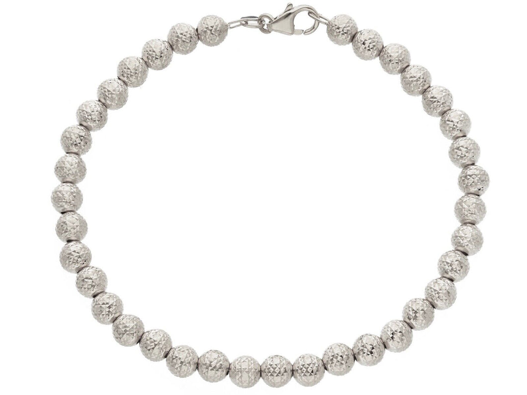 18K WHITE GOLD BRACELET 19cm WORKED SPHERES BIG 5mm DIAMOND CUT BALLS.