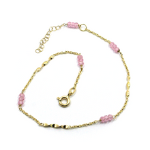 Load image into Gallery viewer, 18k yellow gold rolo spiral anklet 9.8&quot; 25cm with faceted pink 3mm quartz.
