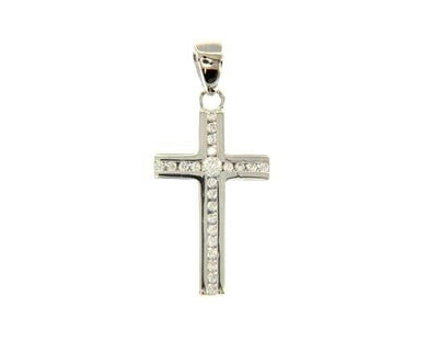 18K WHITE GOLD 15mm SMALL CROSS WITH CHANNEL SET WHITE CUBIC ZIRCONIA.