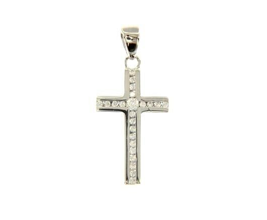 18K WHITE GOLD 15mm SMALL CROSS WITH CHANNEL SET WHITE CUBIC ZIRCONIA