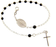 18k white gold rosary bracelet, 3-4mm onyx spheres, Cross & miraculous medal.